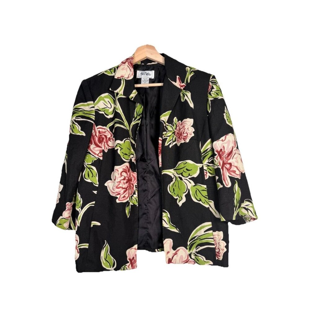 Bob Mackie Blazer Womens 6 Black Pink Floral Linen Blend 3/4‎ Sleeve Art To Wear